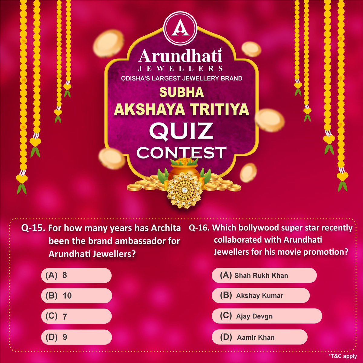 𝐆𝐞𝐭 𝐑𝐞𝐚𝐝𝐲 𝐭𝐨 𝐖𝐢𝐧 𝐁𝐢𝐠 𝐰𝐢𝐭𝐡 𝐀𝐫𝐮𝐧𝐝𝐡𝐚𝐭𝐢 𝐉𝐞𝐰𝐞𝐥𝐥𝐞𝐫𝐬!   
Are you ready for an exciting challenge and the chance to win amazing surprises? Arundhati Jewellers invites you to participate in our exciting Quiz Contest!