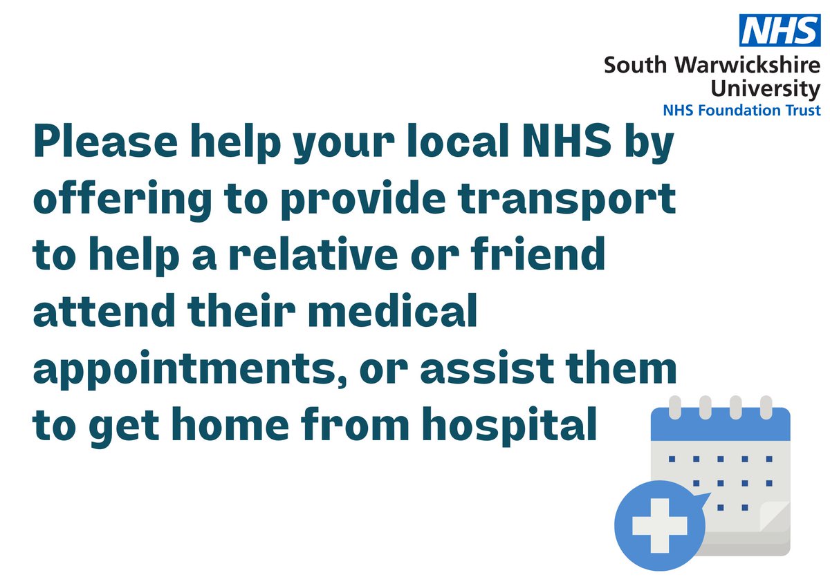 Please help your local NHS by offering to provide transport to help a relative or friend attend their medical appointments, or assist them to get home from hospital.