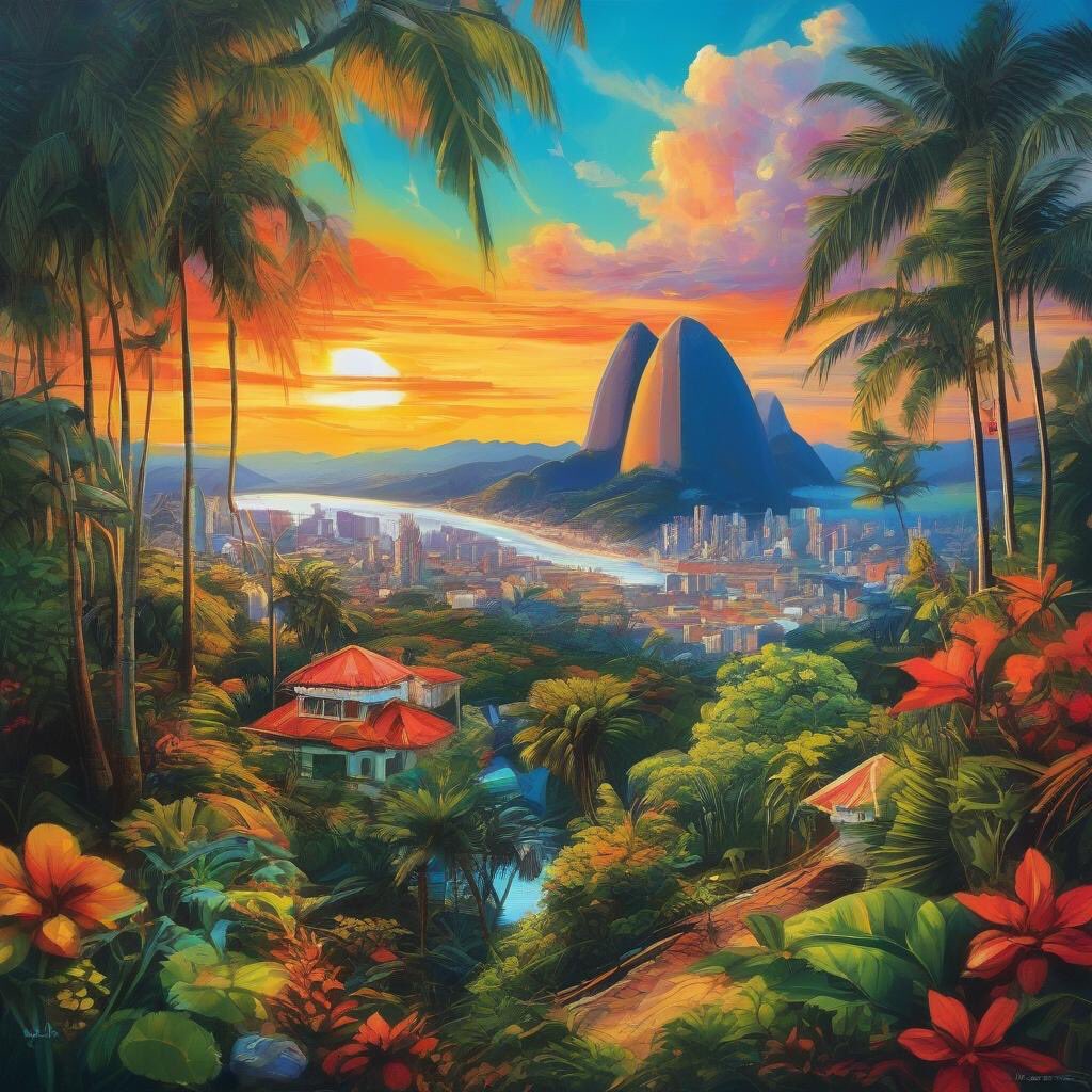 Vivid painting depicting the diverse landscapes of Brazil, from lush rainforests to vibrant city scenes 🇧🇷 

#aiart