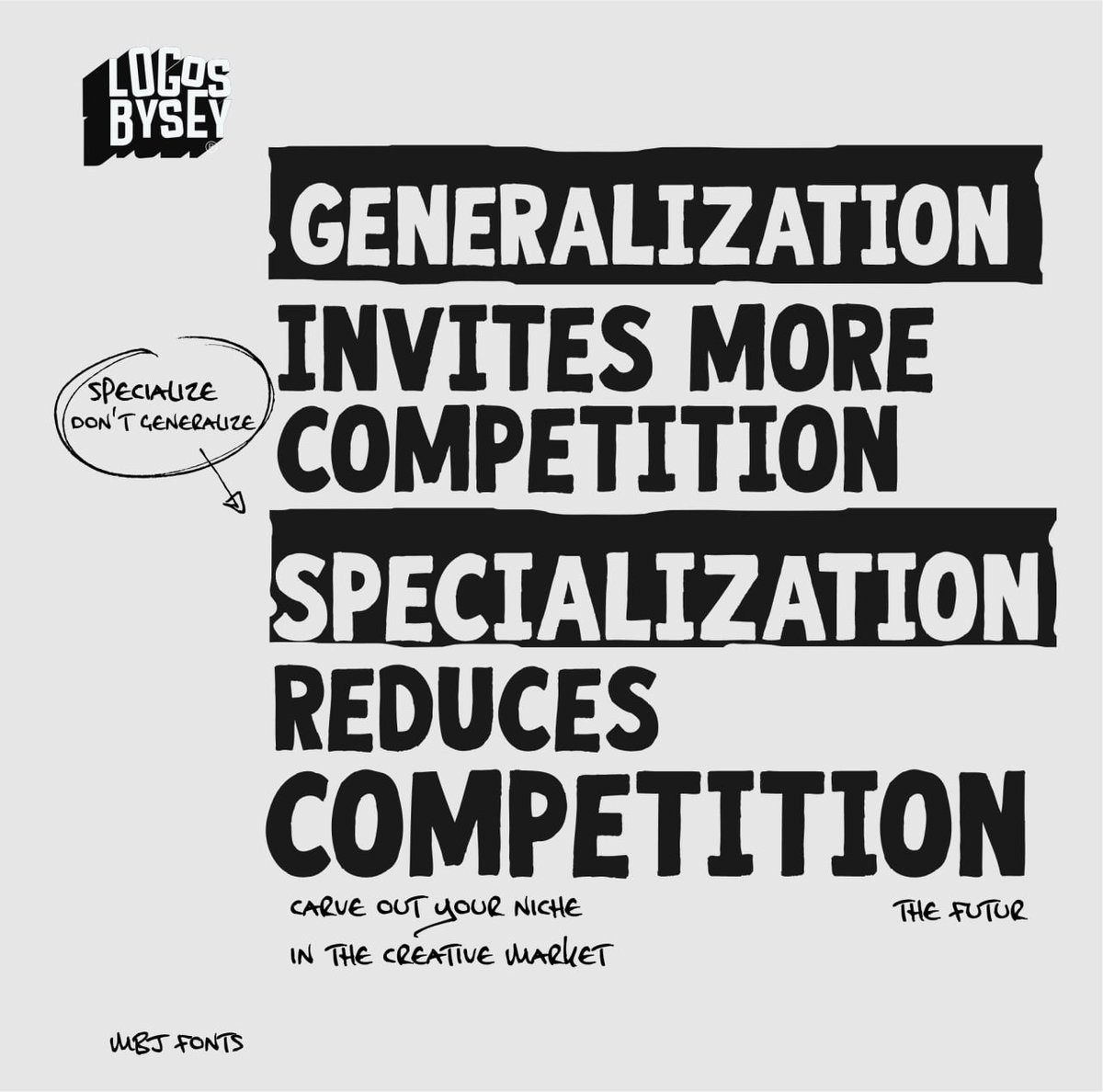 derekatosey's tweet image. Generalization (jack of all trades) in the creative market will invite more competition. You will have a lot of competition to deal with, but when you carve out your own niche, whether it is logo design, photography or illustration, you reduce the competition.
#creativeTips