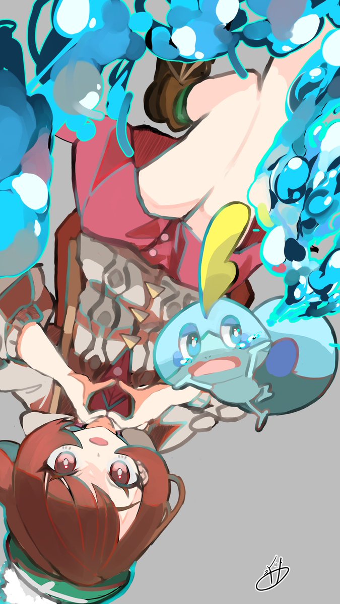 gloria (pokemon) ,sobble 1girl looking at viewer smile open mouth short hair brown hair long sleeves  illustration images