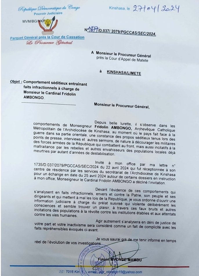 🔴#RDC Le procureur général ouvre une information judiciaire contre #Cardinal Fridolin #Ambongo, pour « comportement séditieux », « faux bruits, incitation à la révolte et attentats contre les vies humaines »… comme faire taire toute critique et installer la peur…