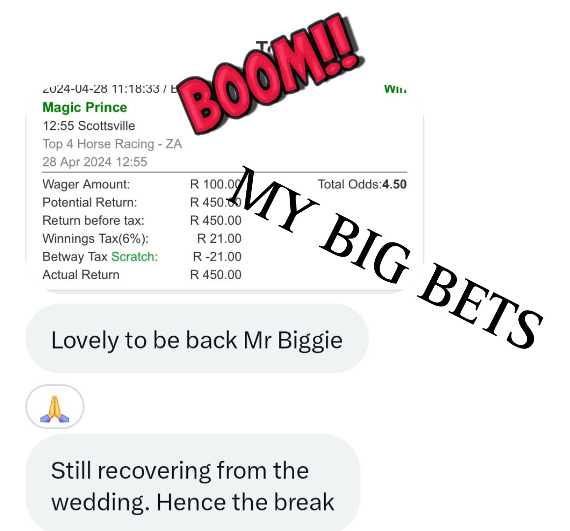 🍏PUNTER 5/1 PLACE BOOM🍏
💰💰💰💰💰💰💰💰💰💰💰💰
🏇🏻🏇🏻🏇🏻🥳🥳🥳🏇🏻🏇🏻🏇🏻🥳🥳🥳

#Biggie #mybigbets1 #mybigbets #HorseRacing #durban #SundayMorning #4racing #CapeTown #caperacing