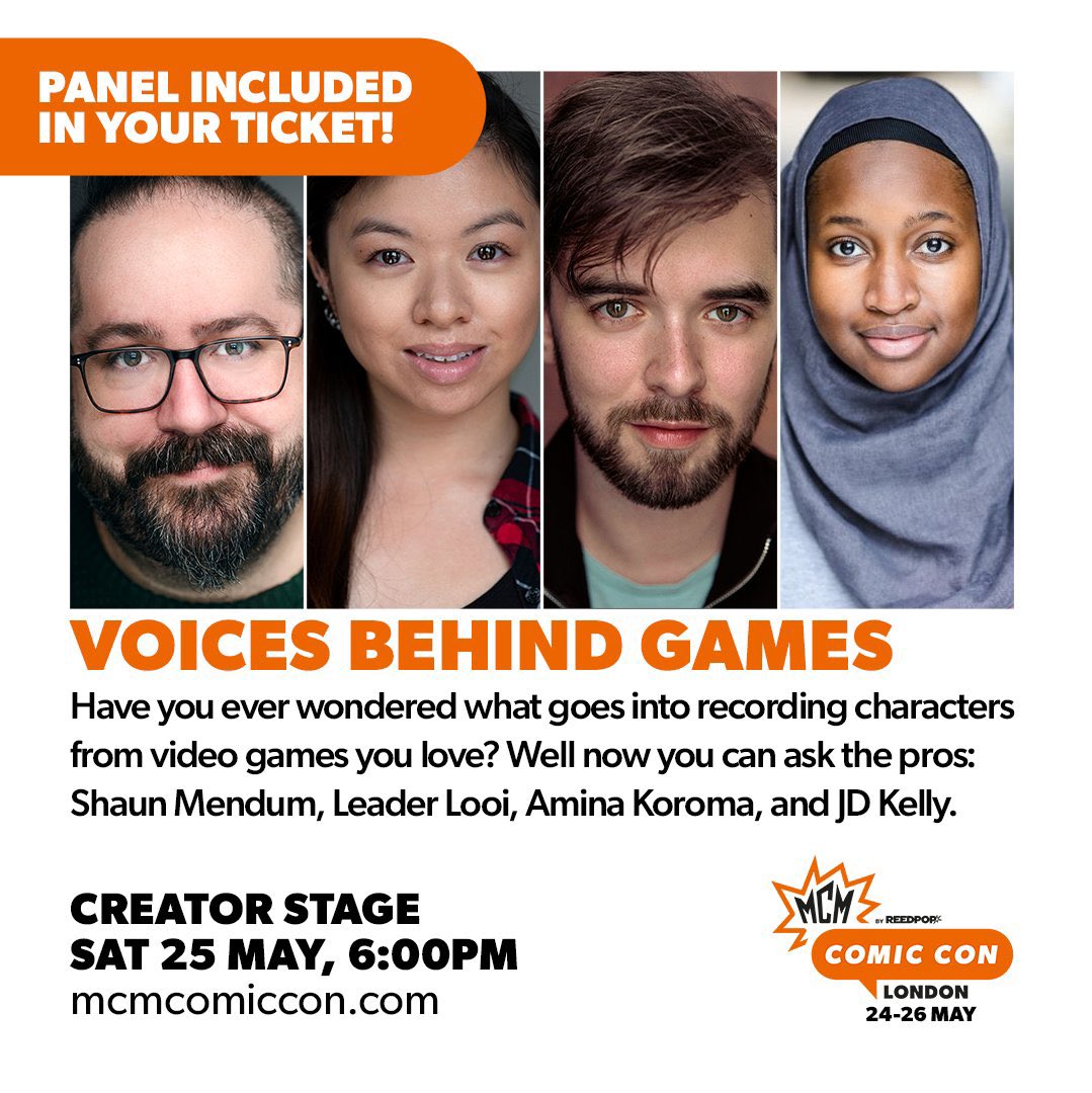 VO announcement!

I’m incredibly proud to announce my First Ever Con panel at @MCMComicCon 🎉🎉🎉

Incredibly grateful for @Jd_kelly for inviting me and will join him alongside @leaderlooi and @ShaunMendum to talk all things Video Game VO!

Catch us on Sat 25th May.