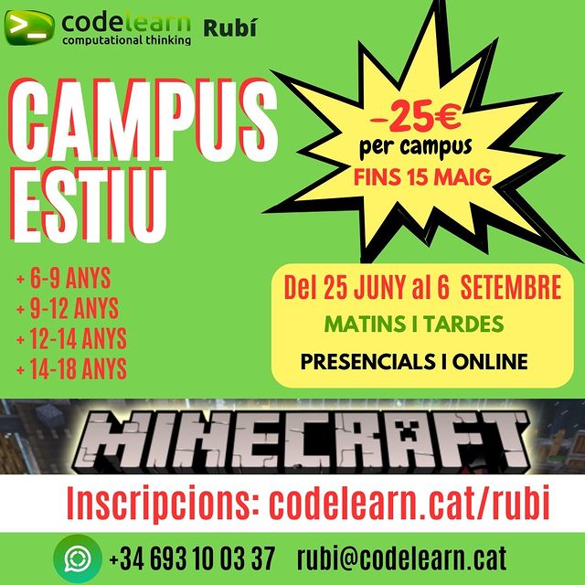 CodelearnRubi's tweet image. Els Campus de Codelearn Rubí per aquest estiu tenen novetats i sorpreses!
Consulteu el web: codelearn.cat/rubi
PRESENCIALS I ONLINE
MATINS I TARDES
ESTIU amb Pantalles Segures
Aprenentatge i Diversió
Grans descomptes fins 15 MAIG
#rubicity #rubiciutat #rubijove