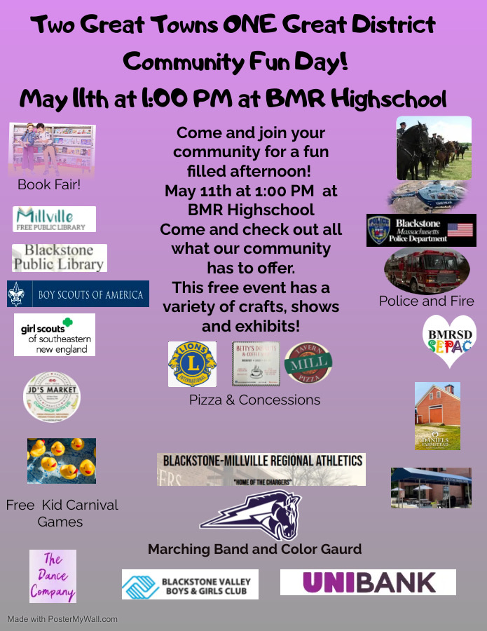 Calling all BMRSD Students, Staff, Families &amp; Community Members- please join us on Saturday, May 11th anytime between 1p-4p at BMRHS for our annual District of One event! See the flyer for details. It's going to be GREAT!