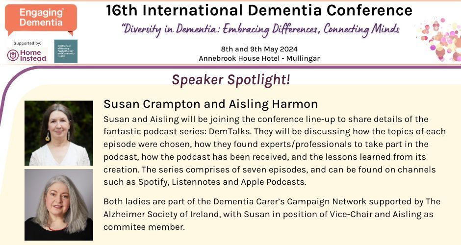 EngagingDemIrl's tweet photo. 🌟 Speaker Spotlight🌟
Don't miss hearing Susan Crampton and Aisling Harmon from @DCCNIRL, discussing the brilliant DemTalks Podcast as part our conference, coming up in just over a week's time!
Visit: https://t.co/7LsG8X9lsh
@alzheimersocirl @dementia_office @HSELive https://t.co/oX2sioHMVi