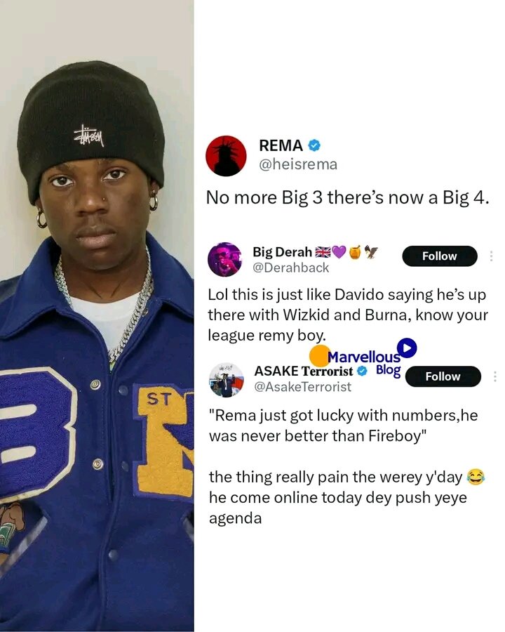 AllTommyjesus's tweet photo. "No more Big 3 there's now a Big 4" - Rema adds himself to the biggies list to make a Big 4 ( #Davido, #Wizkid, #Burna_boy and #Rema )

#Afrobeat
#2Baba
#Nigerian 
#Edo_State
#Benin https://t.co/iaoaCjr2wd
