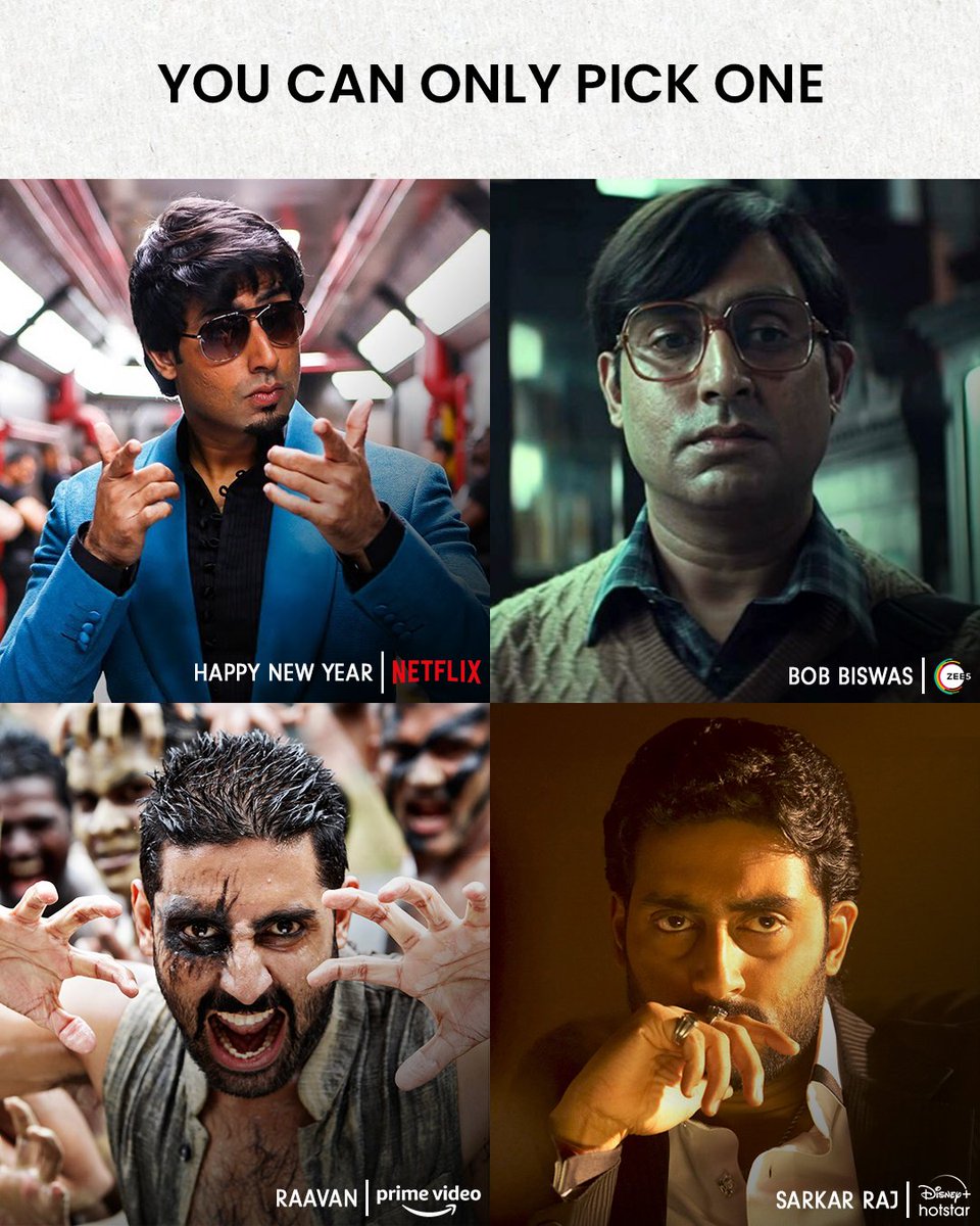 4 different universes, 4 unique characters, 4 intriguing stories—whom would you pick? 👀

#AbhishekBachchan #HappyNewYear #BobBiswas #Raavan #SarkarRaj #Bachchan #ABCrew