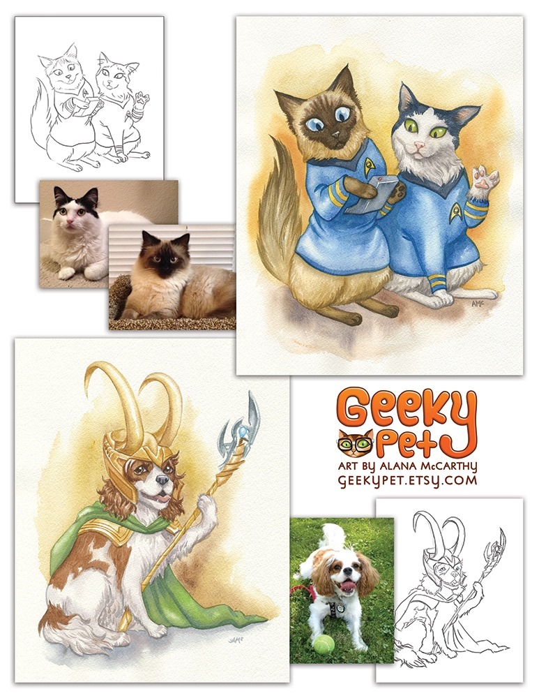 From photos to sketch to watercolour painting! Here are some examples of custom pet portraits I've done in the past.

#geekypet #illustration #cat #dog #catportrait #dogportrait #cutecat  #comicon #petcosplay #dogcosplay #cosplay #watercolor #loki #startrek