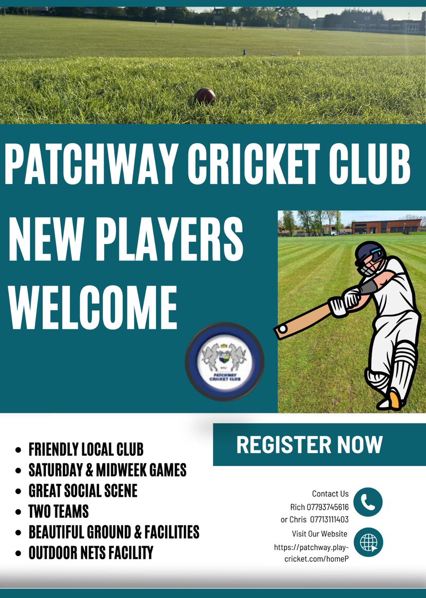 We are currently looking for new players at Patchway Cricket club for the 2024 season.  Please can you contact the numbers on the attached. 

This is a great club, friendly and welcoming to all🙏

If you can share it, would be amazing🙌

❤️