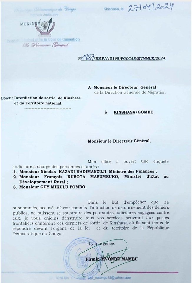 Les ministres des Finances Nicolas Kazadi et François Rubota du Développement rural sont interdits de sortir de Kinshasa et du territoire national. Dans une correspondance adressée au directeur général de la DGM, le procureur général près la Cour de cassation rappelle qu’ils sont…