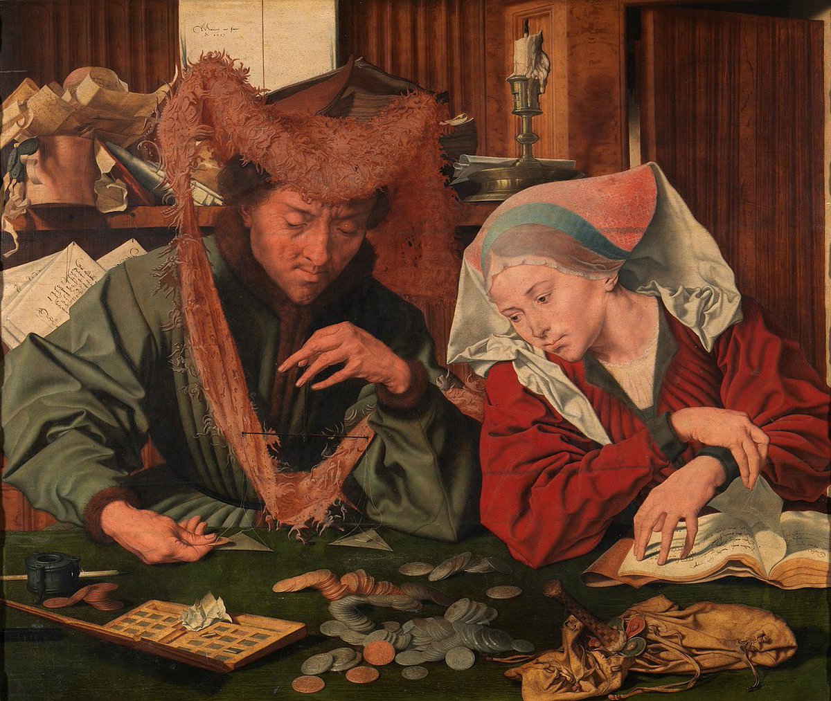 Today's artist w/out a (known) birthday: Marinus van Reymerswaele. Painted only about 4 subjects but painted them well and often! Here, moneychanger & his wife, 1539, from the Prado.