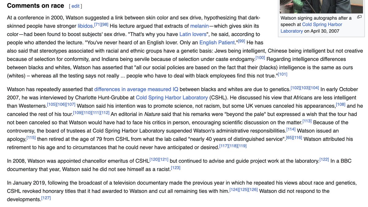 James Watson - one of the founders of molecular biology and who proposed the double helix structure of DNA - has been the subject of cancel culture fanatics.

The CSHL should be ashamed of themselves for revoking the honorary titles they bestowed upon him for his comments on