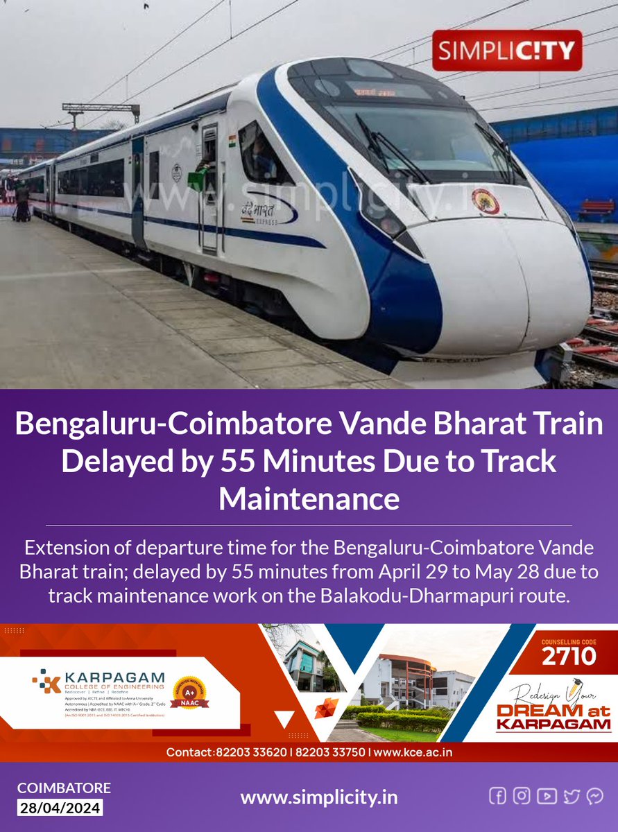 Bengaluru-Coimbatore Vande Bharat Train Delayed by 55 Minutes Due to Track Maintenance simplicity.in/coimbatore/eng…