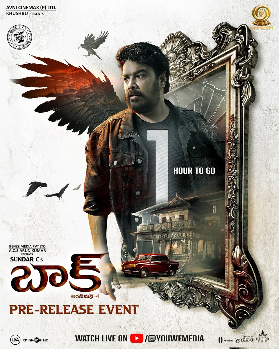 Ready for a scare? 😱 Team #BAAK 🦇 is about to launch their trailer at the Grand Pre-Release Event in just 1️⃣ hour🤩 Watch live 👉🏻youtu.be/Sr9Ta4zxJwk A Film by #SundarC A @hiphoptamizha Musical 🎶 Telugu Release by @asiansureshent ✨ #BAAKfromMAY3rd #Aranmanai4