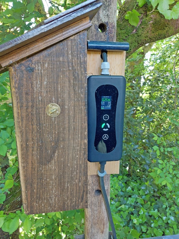 The EV charger that we installed for our guests last year. It nestles inside a dummy birdbox that we built, to help it blend into the wooded area next to the villa's drive #evcharger #villawithpool #france #villafortwo #privatepool