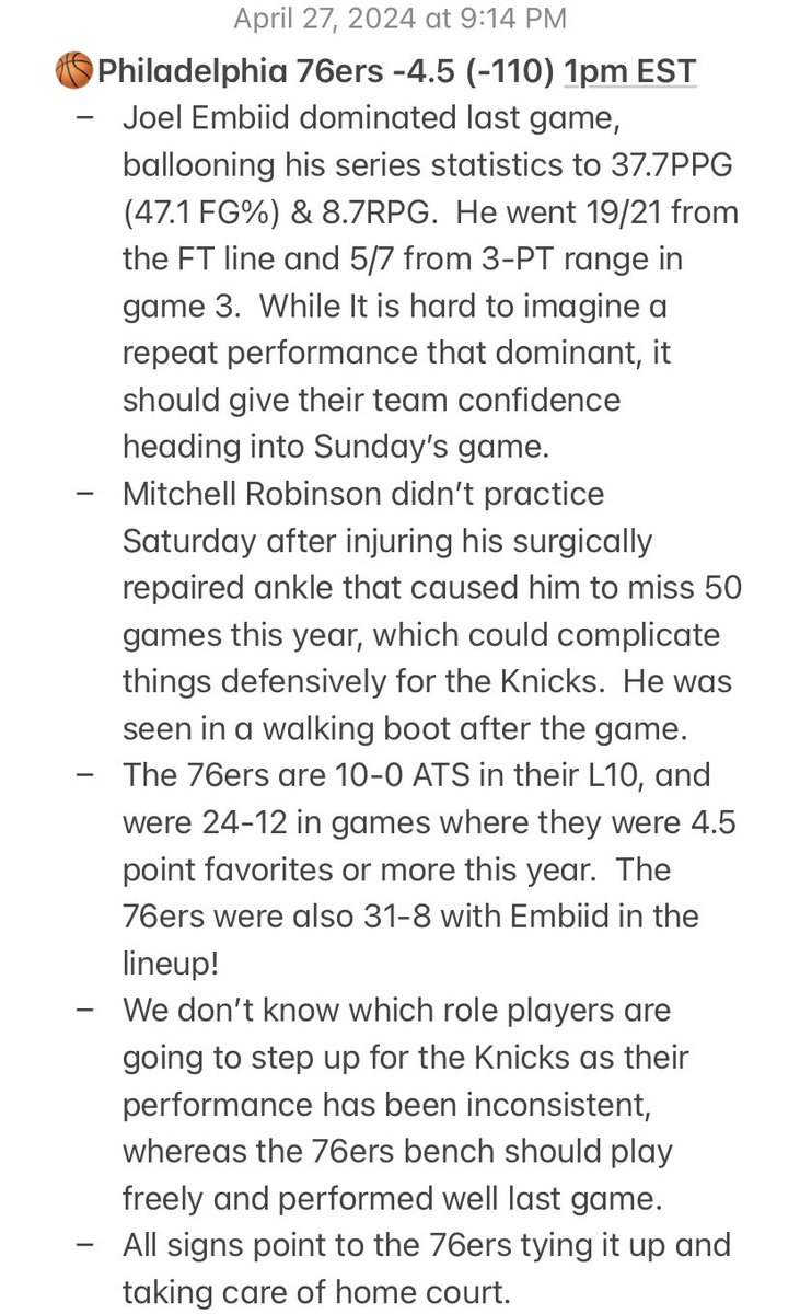 Good morning #GamblingX #GamblingTwitter

Pick:  Philadelphia 76ers -4.5 (-110) over the NY Knicks in the first game of today’s #NBA slate.

Angle below⤵️

Let’s go for 2 straight and start up the win streak! 🔥

#FreePick #FreePlay #BettingAdvice