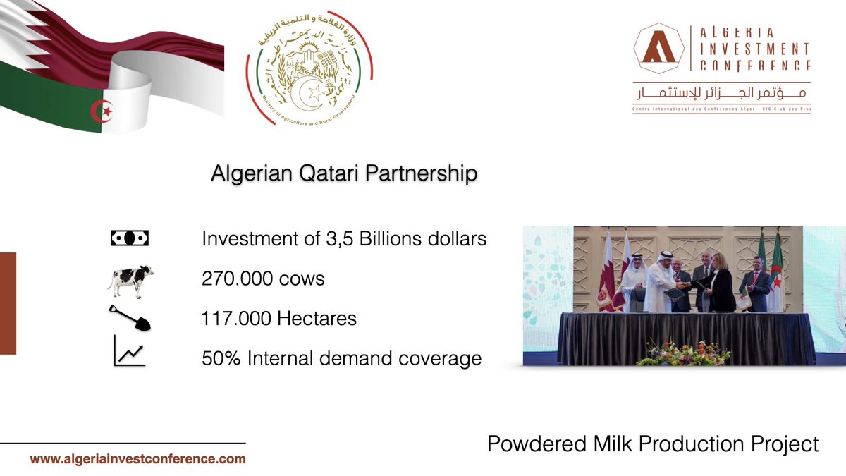 بلدنا توقع اتفاقية مع <a href="/Madr_algerie/">وزارة الفلاحة والتنمية الريفية</a> وزارة الفلاحة والتنمية الريفية في 🇩🇿 لإقامة أكبر مشروع زراعي صناعي متكامل في العالم لإنتاج الحليب المجفف بقيمة 3.5 مليار دولار.  ليصل عدد قطيع الأبقار إلى 270 ألف رأس 
لانتاج 1.7 مليار لتر من الحليب سنويا. 

<a href="/Baladnaco/">Baladna QATAR</a> <a href="/QatarEmbAlgeria/">سفارة دولة قطر في الجزائر</a> 
#AIC