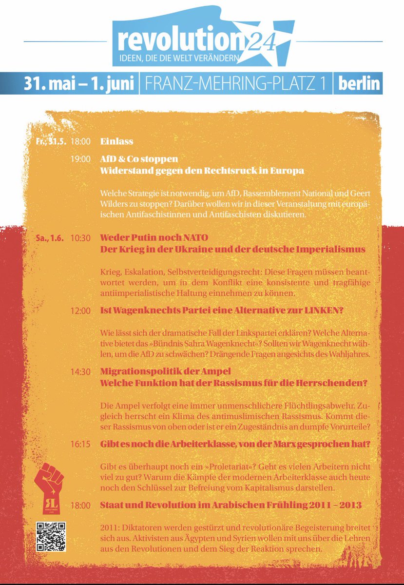 RevLinke's tweet photo. 📣Hol Dir ein Ticket für REVOLUTION 24 in Berlin
Kongress der Revolutionären Linken 📣

Komm vom 31. Mai bis 1. Juni nach Berlin für ein Wochenende spannender Veranstaltungen &amp; Diskussionen!

✍️Schreib uns an, um Dir ein Ticket sichern möchtest: revolutionaerelinke@gmail.com https://t.co/p9AvjGifqw