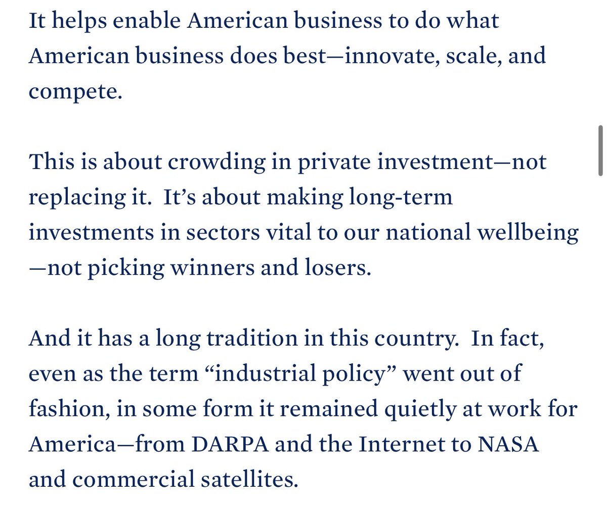 He goes on to say that the Biden admin’s industrial policy is about a broader, long-term strategy, “not picking winners and losers.” From Jake Sullivan’s April 27, 2023 speech at Brookings: whitehouse.gov/briefing-room/…