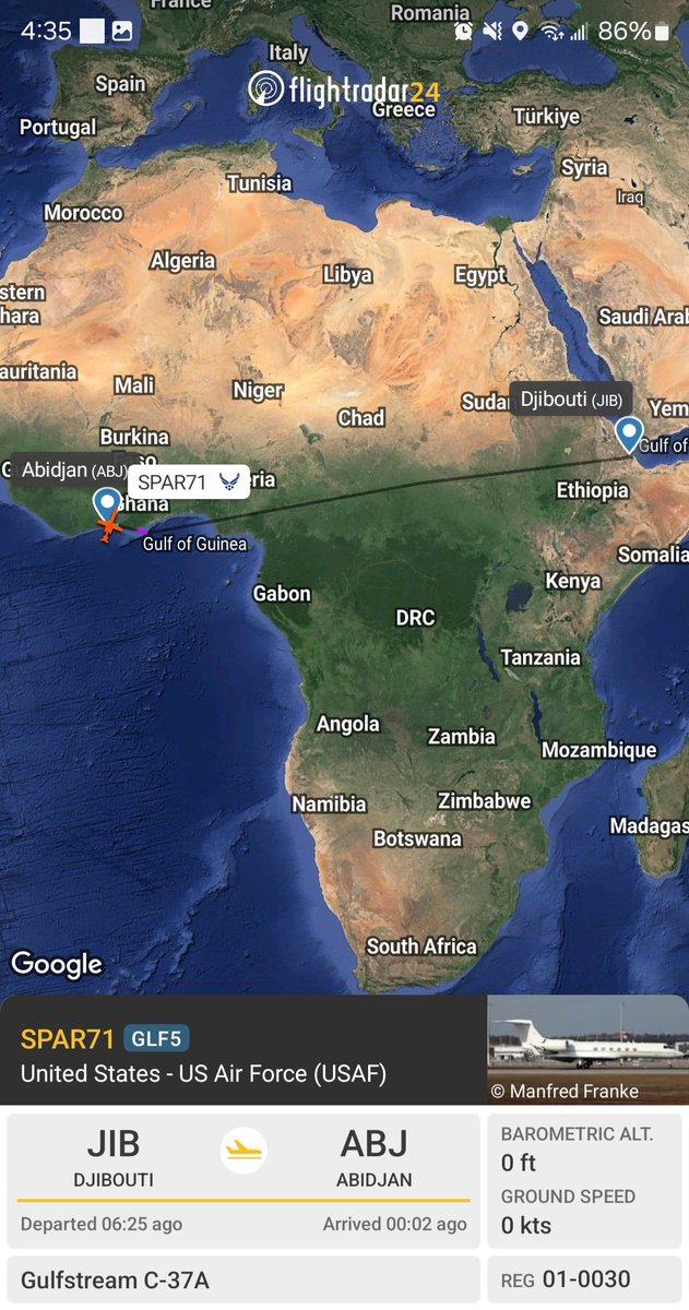 Borrowed7Time's tweet image. USAF C-37A 01-0030 #AE115E as SPAR71 landing in Abidjan from Djibouti. 
@Dinlas3