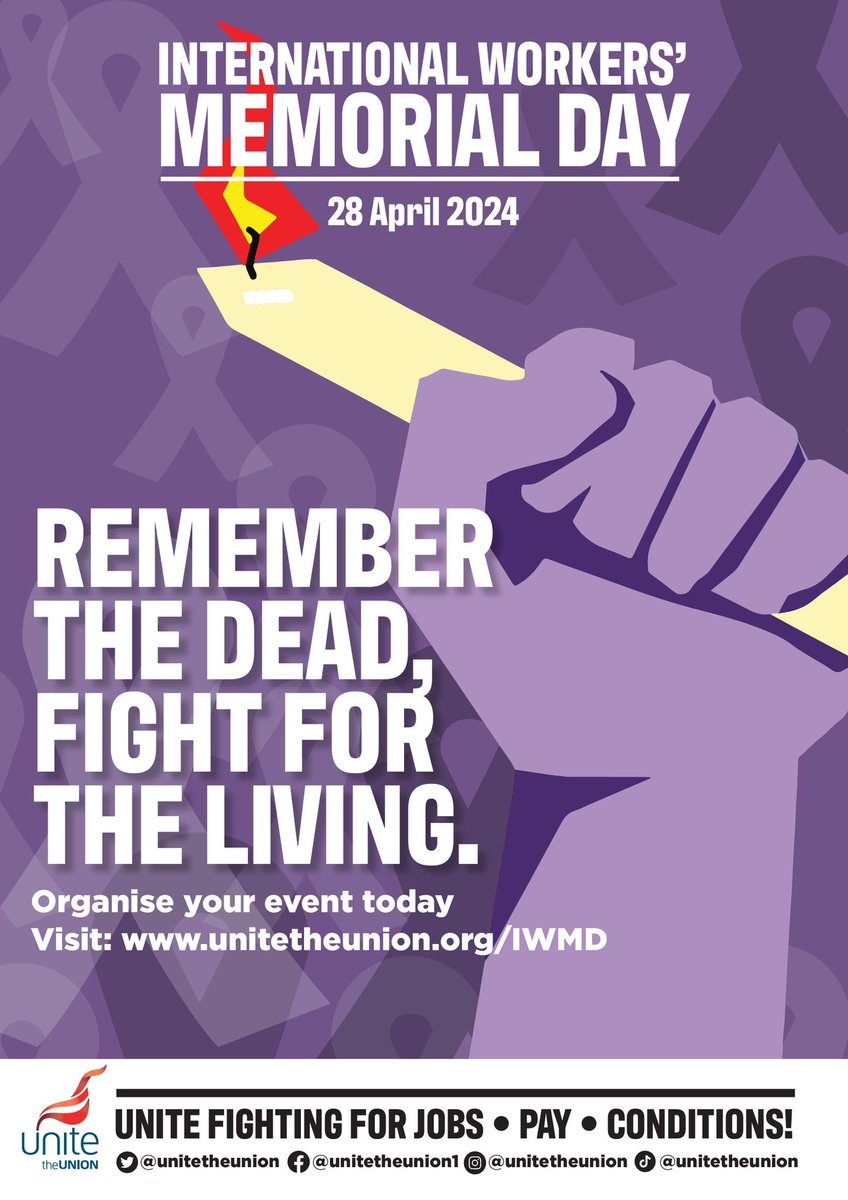 Sharon Graham (@unitesharon) on Twitter photo On this international day we remember all workers who lost their lives to workplace illness or injury, and to recommit ourselves to fighting to keep workers safe: Remember the Dead, Fight for the Living! #IWMD2024 On this international day we remember all workers who lost their lives to workplace illness or injury, and to recommit ourselves to fighting to keep workers safe: Remember the Dead, Fight for the Living! #IWMD2024