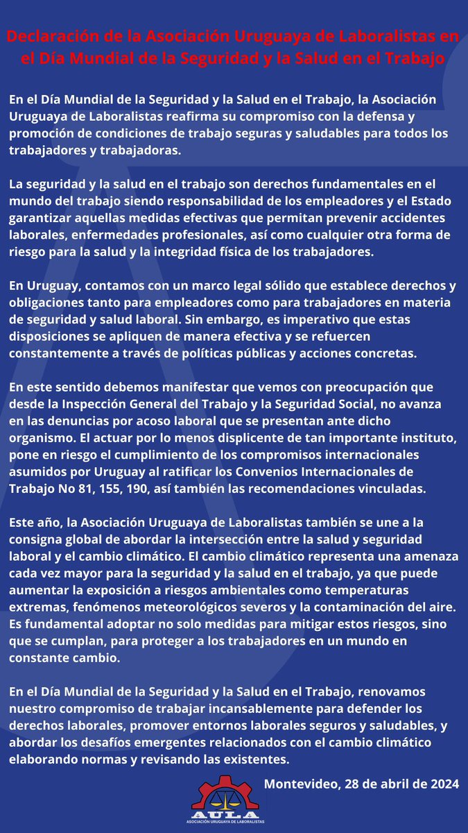 AulaAlal's tweet photo. En el día Internacional de la Seguridad y la Salud en el Trabajo reafirmamos nuestro compromiso con la defensa y protección de condiciones de trabajo seguras y saludables para todos los trabajadores y trabajadoras. https://t.co/rTRaEe9hz2