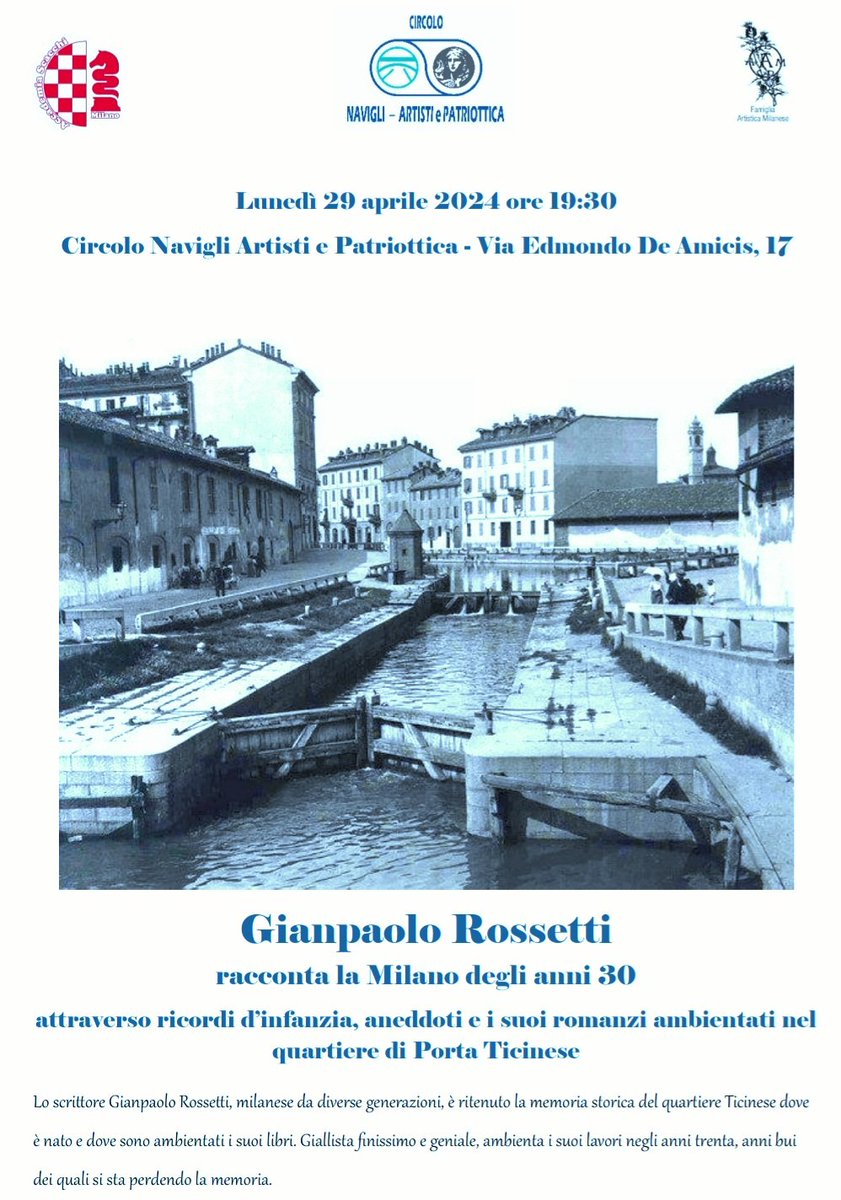 ginugiola's tweet photo. #Invito #29apr h 19:30
#free al Circolo #Navigli #Scacchi
via #DeAmicis17 tram 2/14 bus 94
Gianpaolo #Rossetti
scrittore giallista meneghino
tratteggia aneddoti chicche anni30 #TicineseDistrict #Milano
@VivMilano @BergamoeC @GiovannaDiTroia @signor_aldo @baratto_m @EmilianoVerga https://t.co/D4JnHsae4M