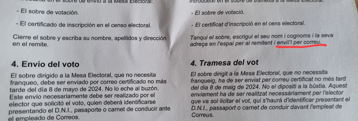 ¿Y esta frase errónea que aparece en las instrucciones en catalán y no en castellano? @es_INE #votoporcorreo #votpercorreu #elecciones12m #eleccionscatalunya