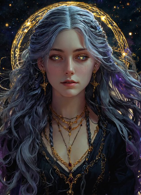 Create an image of a vtuber, long gray hair with a braid, violet eyes, low-cut black dress with gold