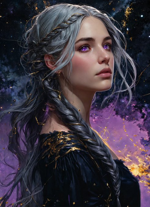 Create an image of a vtuber, long gray hair with a braid, violet eyes, low-cut black dress with gold<a href="/tag/cute"class="tags"><span>#cute</span></a><a href="/tag/sexy"class="tags"><span>#sexy</span></a><a href="/tag/hot"class="tags"><span>#hot</span></a><a href="/tag/niceboobs"class="tags"><span>#niceboobs</span></a><a href="/tag/anime"class="tags"><span>#anime</span></a><a href="/tag/darkness"class="tags"><span>#darkness</span></a><a href="/tag/fanart"class="tags"><span>#fanart</span></a>
