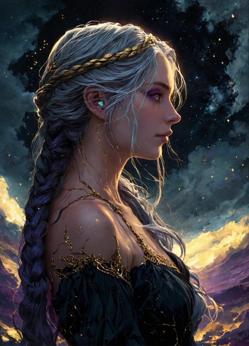 Create an image of a vtuber, long gray hair with a braid, violet eyes, low-cut black dress with gold<a href="/tag/cute"class="tags"><span>#cute</span></a><a href="/tag/sexy"class="tags"><span>#sexy</span></a><a href="/tag/hot"class="tags"><span>#hot</span></a><a href="/tag/niceboobs"class="tags"><span>#niceboobs</span></a><a href="/tag/anime"class="tags"><span>#anime</span></a><a href="/tag/darkness"class="tags"><span>#darkness</span></a><a href="/tag/fanart"class="tags"><span>#fanart</span></a>