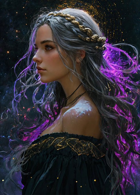 Create an image of a vtuber, long gray hair with a braid, violet eyes, low-cut black dress with gold<a href="/tag/cute"class="tags"><span>#cute</span></a><a href="/tag/sexy"class="tags"><span>#sexy</span></a><a href="/tag/hot"class="tags"><span>#hot</span></a><a href="/tag/niceboobs"class="tags"><span>#niceboobs</span></a><a href="/tag/anime"class="tags"><span>#anime</span></a><a href="/tag/darkness"class="tags"><span>#darkness</span></a><a href="/tag/fanart"class="tags"><span>#fanart</span></a>