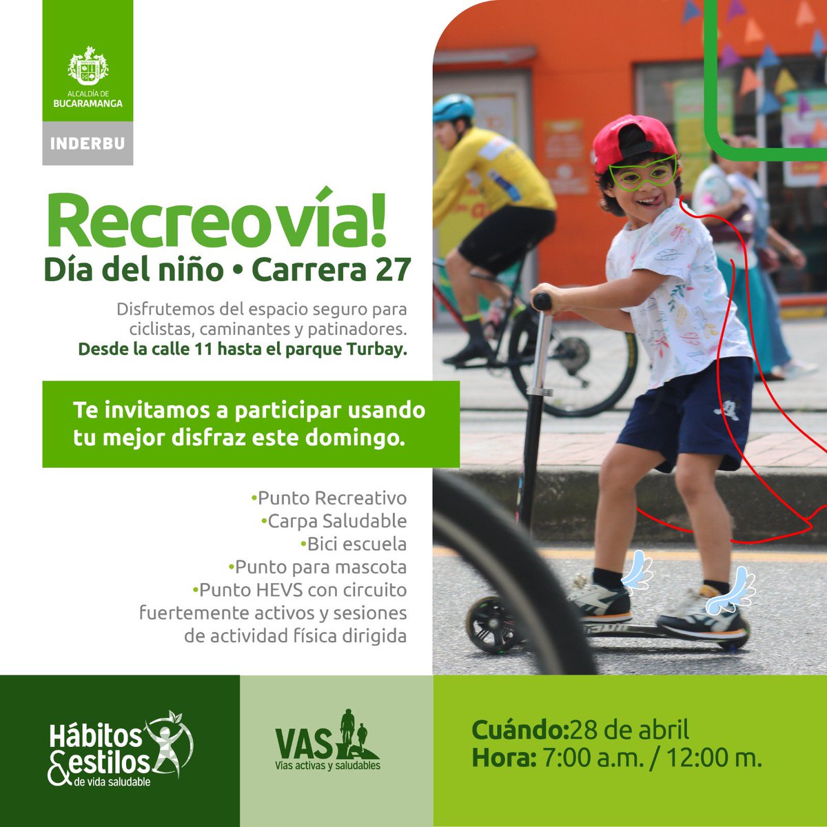#Recreovía de disfraces! 🎉
Hoy  #Domingo #28DeAbril 
 La recreovía celebra  el día del niño con puntos recreativos, espacios para mascotas, baile, actividad física, música y diversión. 
En la carrera 27 #Bucaramanga 
@somosinderbu @AlcaldiaBGA