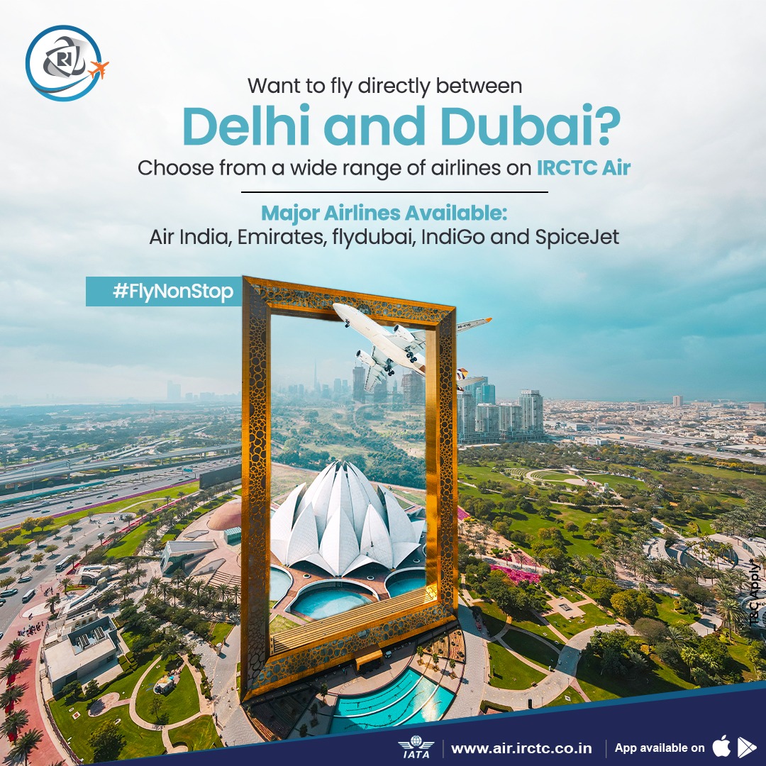 IRCTCofficial's tweet photo. Planning a return trip between Delhi and Dubai?
Choose from a wide range of airlines on https://t.co/fLKvfBLWUz or the #IRCTC #Air app and #FlyNonStop.
#airtickets #delhi #dubai #travel #tourism #flights #airfare https://t.co/utEzdrh9gE