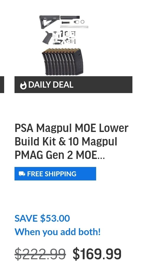 AKballistics's tweet image. ⭐️🔥➡️ alnk.to/hsv25sC
Get a PSA lower build kit with 10 mags for just **$169.99**. It's like getting the mags for $6.99 each since the build kit is 99.99 right now.  Free Shipping.  
Affiliate Link.  
#ar15 #StandardCapacity #Magazines #buildar15 #2A
@palmettoarmory