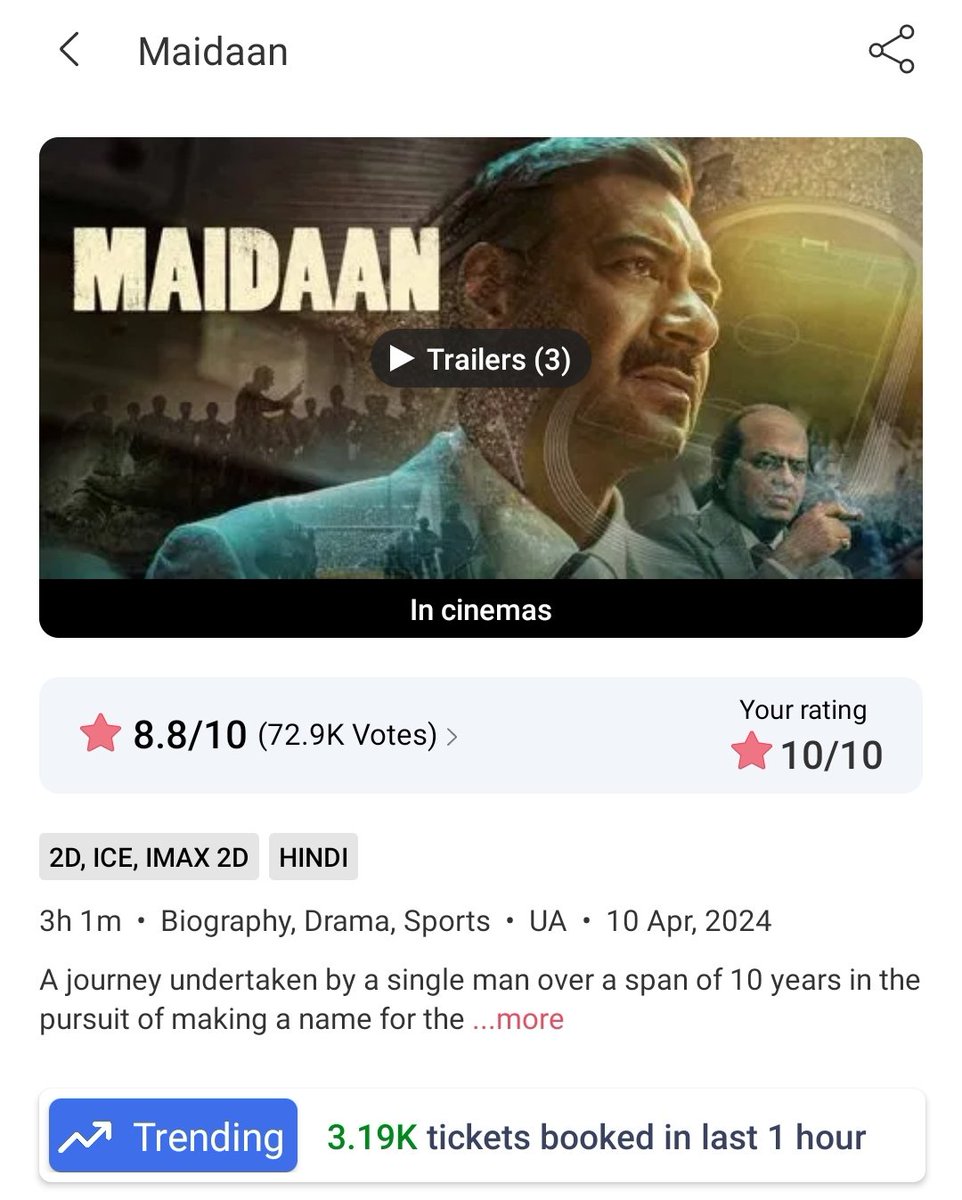 #Maidaan 3K+ tickets sold in last hour on BMS 🔥🔥🔥🔥

#Maidaan ⚽🥅 still unstoppable 🔥🔥

#AjayDevgn 
#MaidaanReview