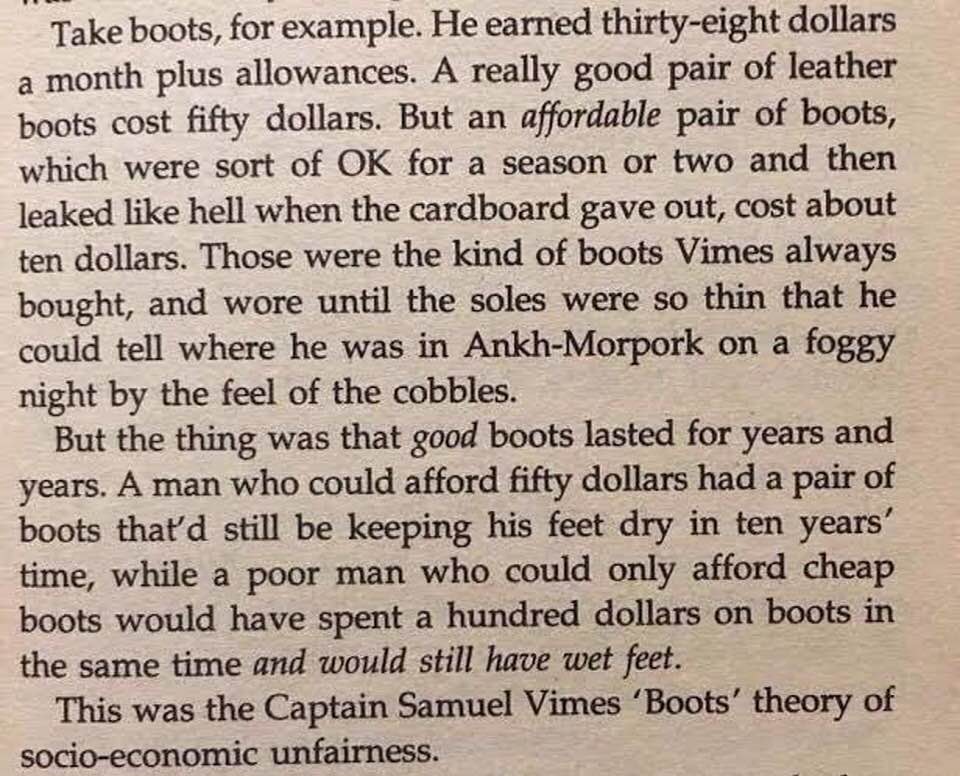 In honour of #TerryPratchettDay a lesson in socio-economic unfairness from Samuel Vimes...