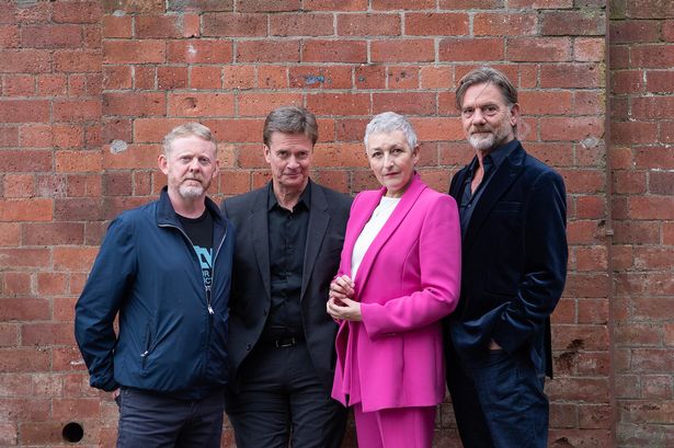 Taggart cast and crew back together for the 40th anniversary of the Glasgow police drama. L to r: Colin McCredie, James MacPherson, Blythe Duff and John Michie. Taggart first aired on STV in 1983. Pic: Kirsty Anderson.