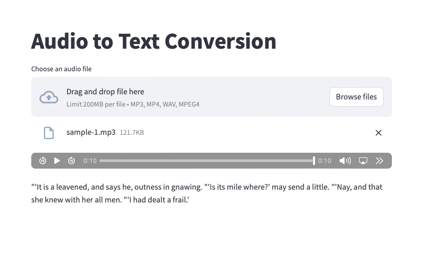 Day(50/100) Experimenting with different models on Hugging Face. Made a small Audio to text conversion app on Streamlit