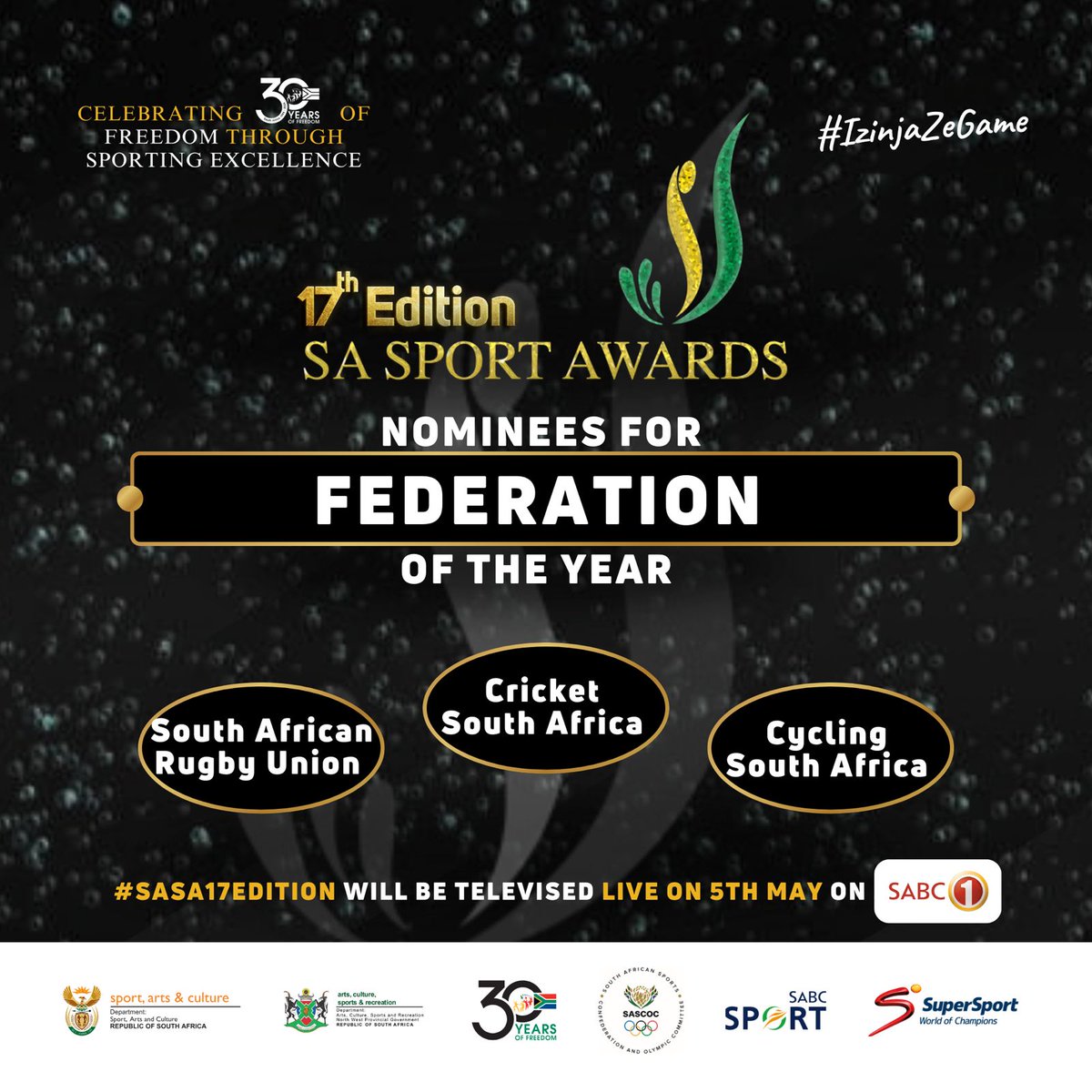 We're thrilled to announce the nominees for Federation of the Year and Newcomer of the Year categories at the upcoming South African Sports Awards! 🌟. Stay tuned for more updates and get ready to show your support for your favorites! 🎉 

#SASA17edition 

#IzinjaZeGame