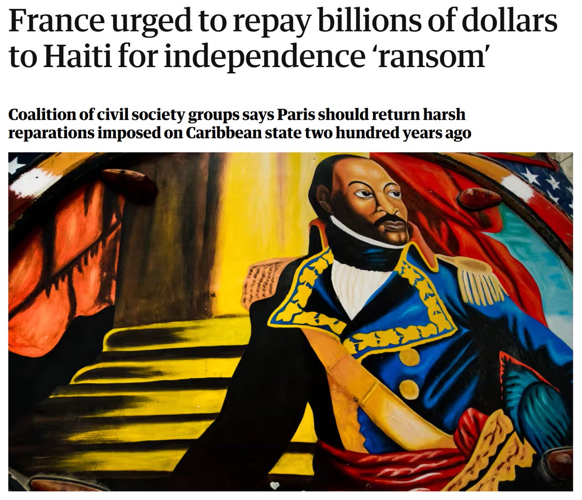 🇭🇹 ⛓️ When Haitians defeated the French military and ended slavery on the island, France and its allies forced Haiti to pay reverse-reparations for the abolition of slavery. Today, a UN group is urging France to repay its ill-gotten gains. Details: theguardian.com/world/2024/apr…