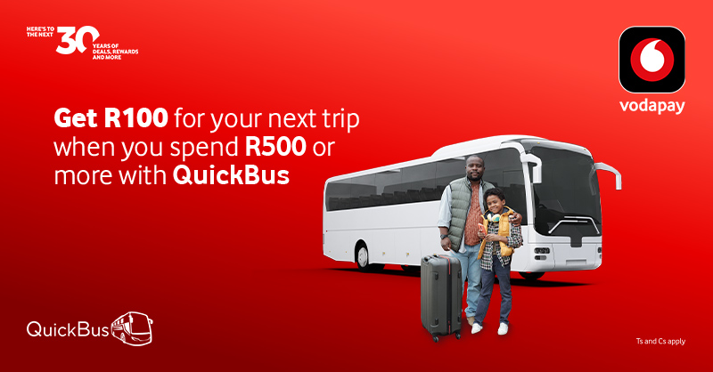 Receive R100 towards your upcoming journey when you make a purchase of R500 or more using @QuickBusZA. Download VodaPay today to get this deal. bit.ly/3VE9enc