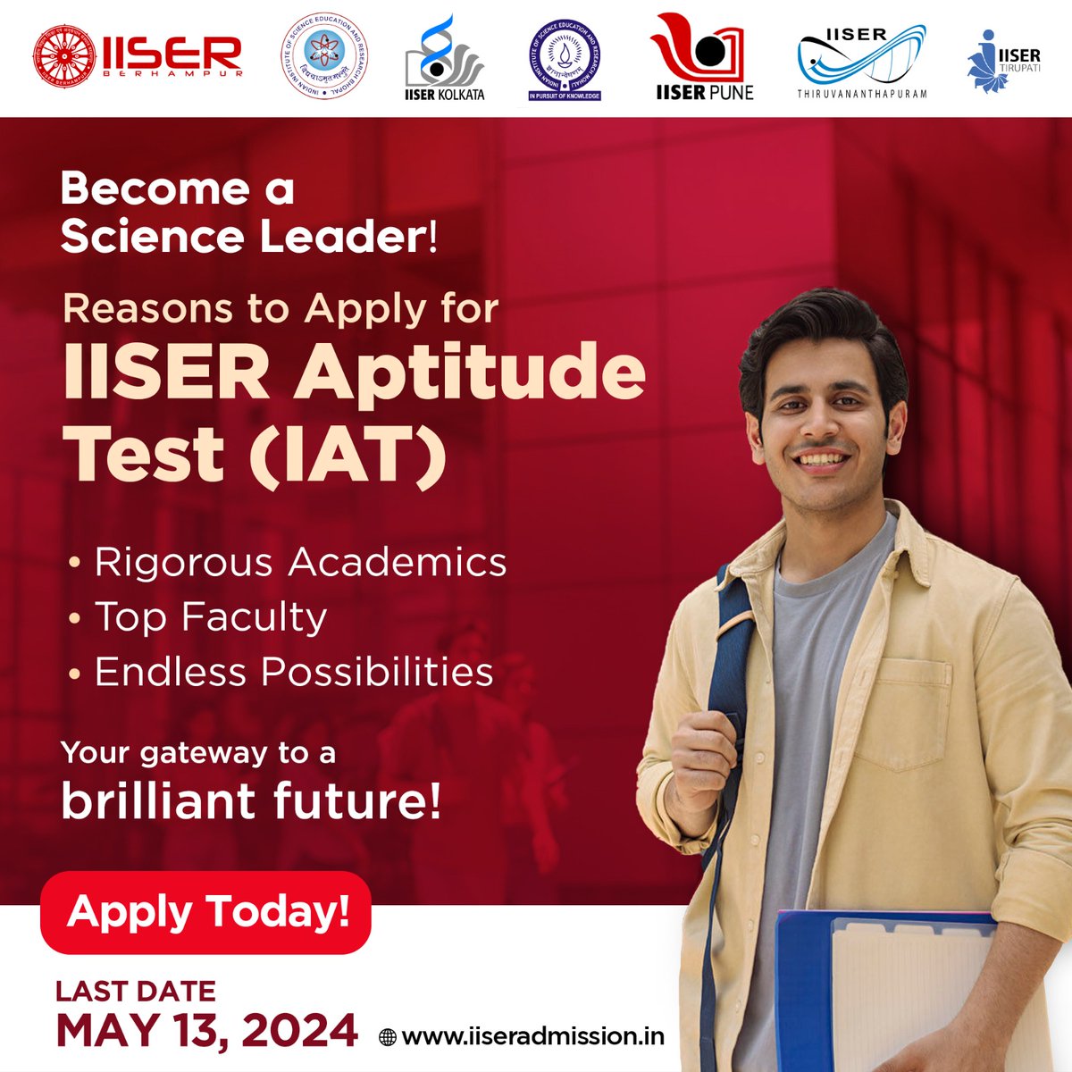 Unleash Your Potential at IISERs! Join a vibrant community of aspiring researchers and shape your future as a scientific innovator. IISER Aptitude Test (IAT) application deadline - May 13, 2024. Visit iiseradmission.in to learn more and embark on your scientific journey