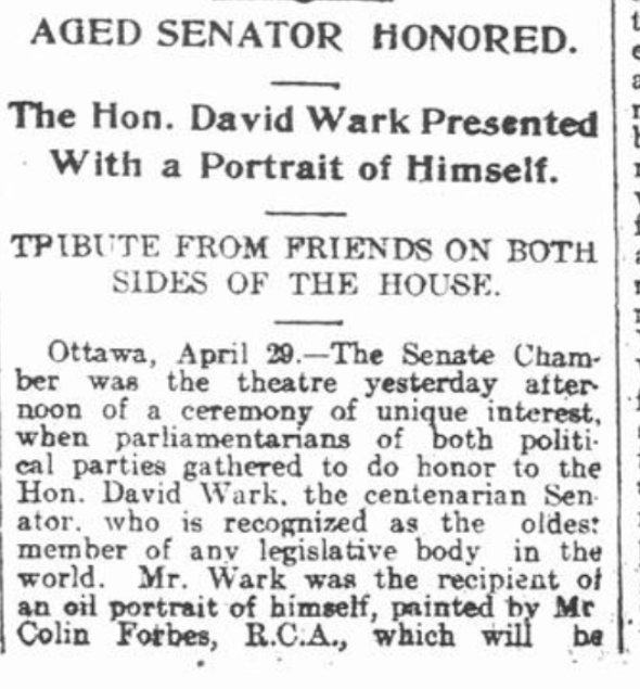 Today in 🇨🇦 parliamentary history - April 28, 1904: Parliament celebrates Senator David Wark, 100, with a portrait unveiling. He was oldest legislator anywhere in the world (later surpassed by another Canadian senator) and the last living senator appointed by Her Majesty in 1867.