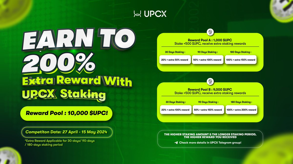 EARN UP TO 200% EXTRA REWARD WITH UPCX STAKING 🚀  

⏰2 PM April 27th, 2024 to 2 PM May 15th, 2024   

We are giving out up to 200% bonus APY for all $UPC stakes of any amount for the duration of 30 days/ 60 days/ 180 days.   

✍️The bonus will be available for all $UPC stakers…