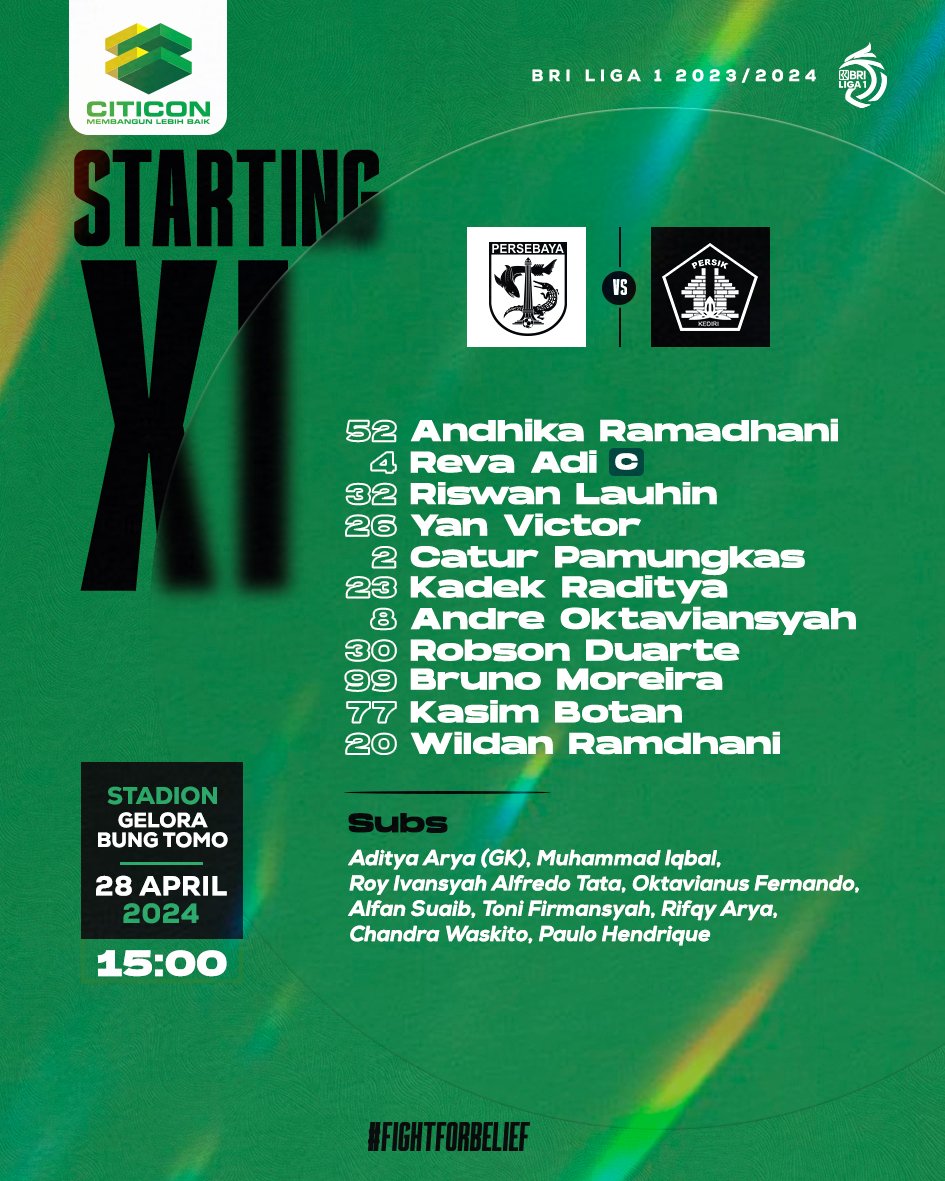 Starting Line Up Persebaya menghadapi Persik Kediri Ayo maksimalkan Jol! 🦈🐊 #Persebaya #PersebayaDay #FightForBelief