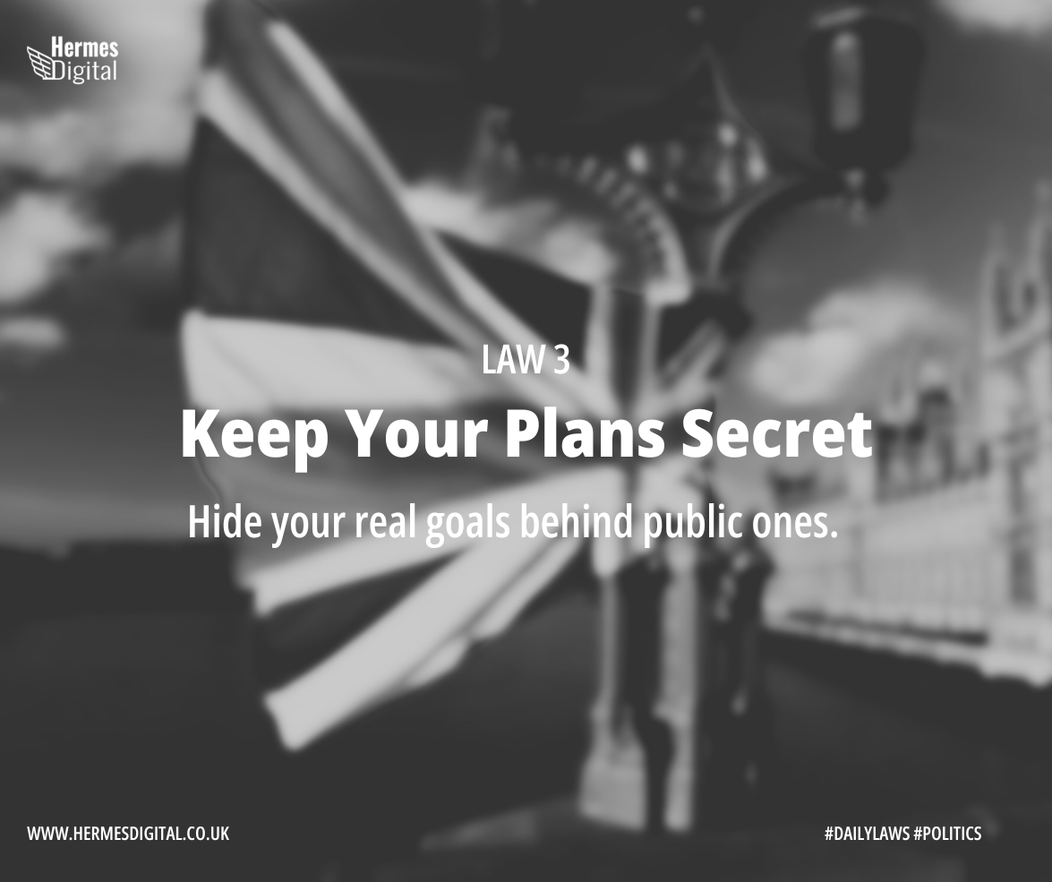 Law 3 - Keep Your Plans Secret - Keep your plans cloaked in shadows and let them chase the intrigue. #SecretsOfWestminster #StrategicSatire Find out more: hermesdigital.co.uk