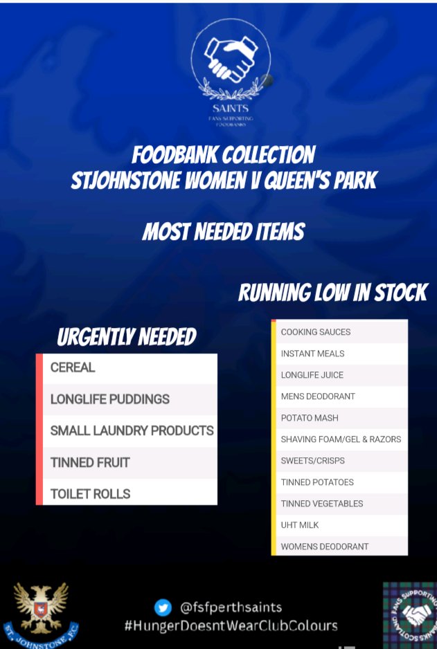 On Wed 1st May @stjwfc play at McDiarmid Park for the very first time v @QueensParkWFC & we will be there collecting for @KinrossPerth Foodbank. We will also have a cash collection for @Saints_Trust food based projects See below for collection details and most needed items. 👇